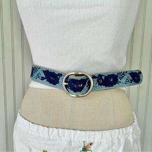 Lucky Brand Leather Embroidered Belt Blue Floral
